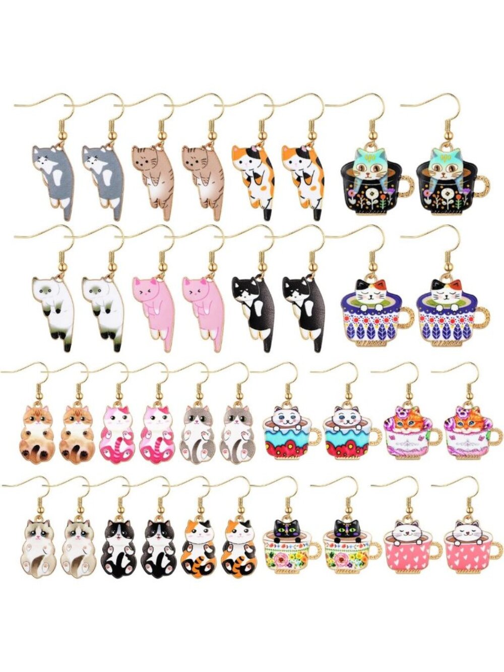 Cute Cat Dangle Earrings for Women - 18 Pairs, Fun & Stylish Jewelry Accessory
